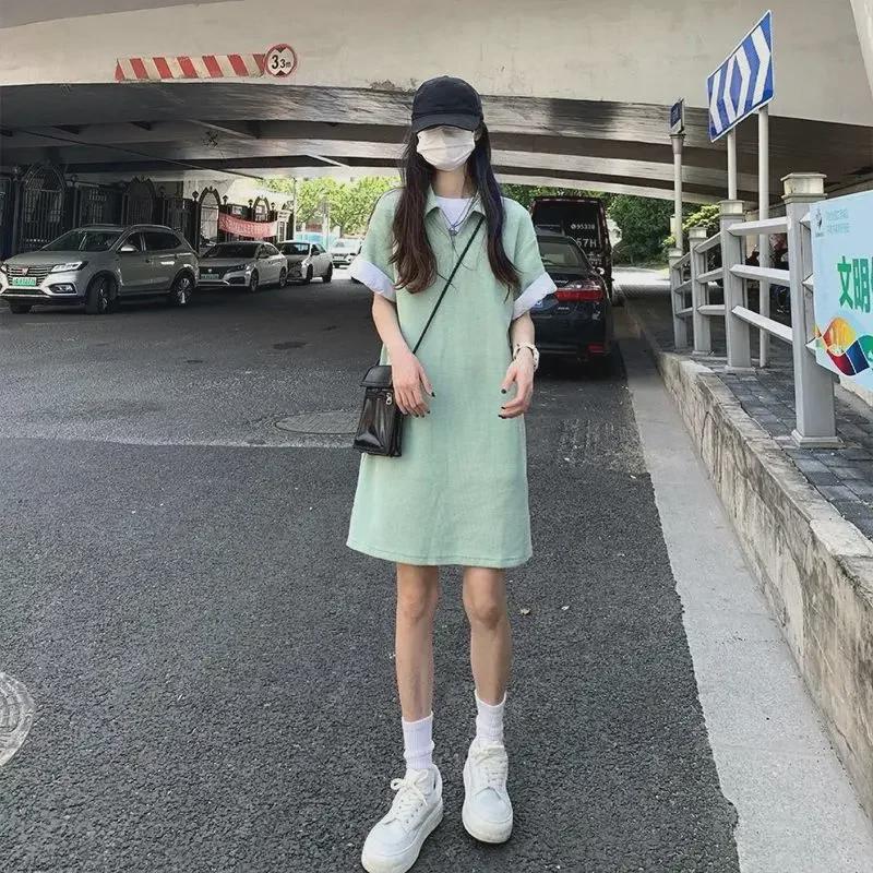 Waffle Polo Collar Straight Summer Dress 2024 - Women's Simple, Solid, Age-Reducing Short Skirt