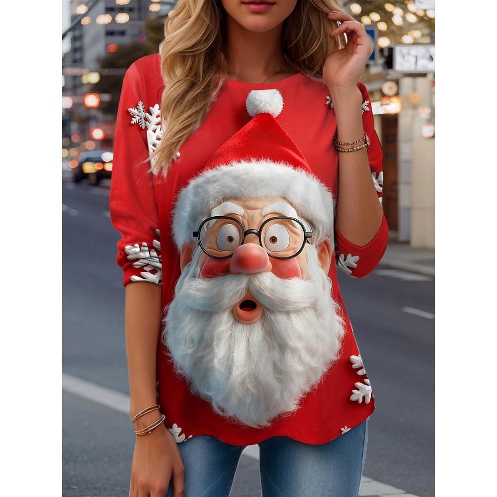 Women's Santa Claus Printed Christmas Theme Crew Neck Long Sleeve T-shirt Casual Comfortable Polyester Christmas Party Pullover