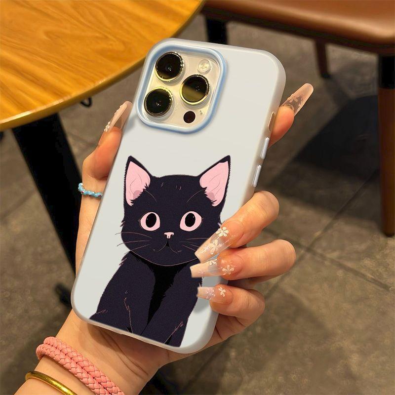 Black kitten applies to Apple 16/17promax mobile phone case iPhone15 skin matte 14 jelly Air case
