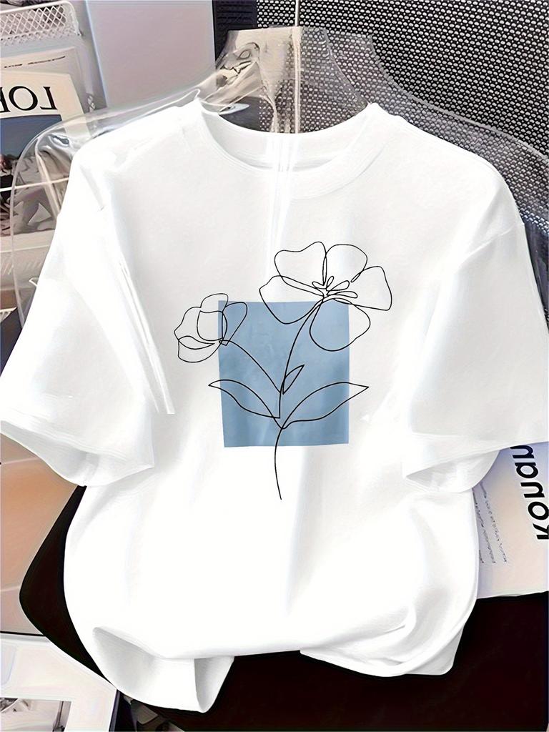 European sizes[Directional] Women's Fashion Baseboard Printed T-shirt, Soft, Versatile,  Background Flower Patterns