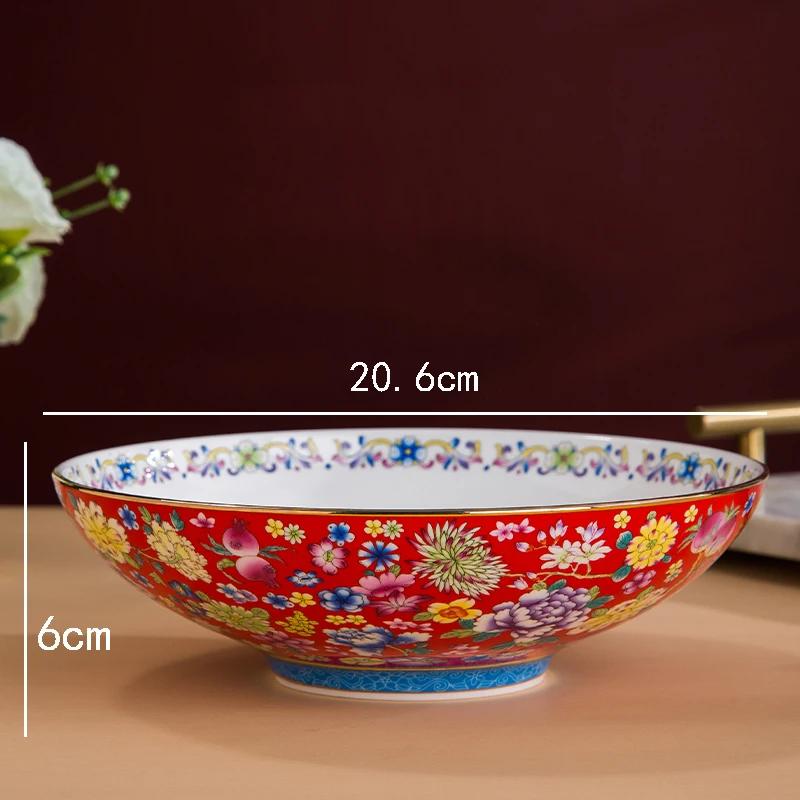 

Gold Stroke 8 Inches Large Soup Bowls Salad Bowl Ceramic Plate Palace Style Restaurant Home Ten Thousand Flower Enamel Tableware