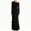 Women's One-Shoulder Ruffle Evening Dress Long Color Formal Gown with Waist-Cinching Design