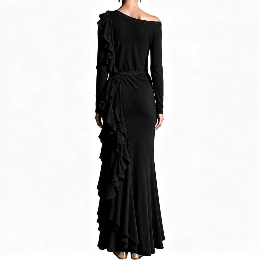 Women's One-Shoulder Ruffle Evening Dress Long Color Formal Gown with Waist-Cinching Design