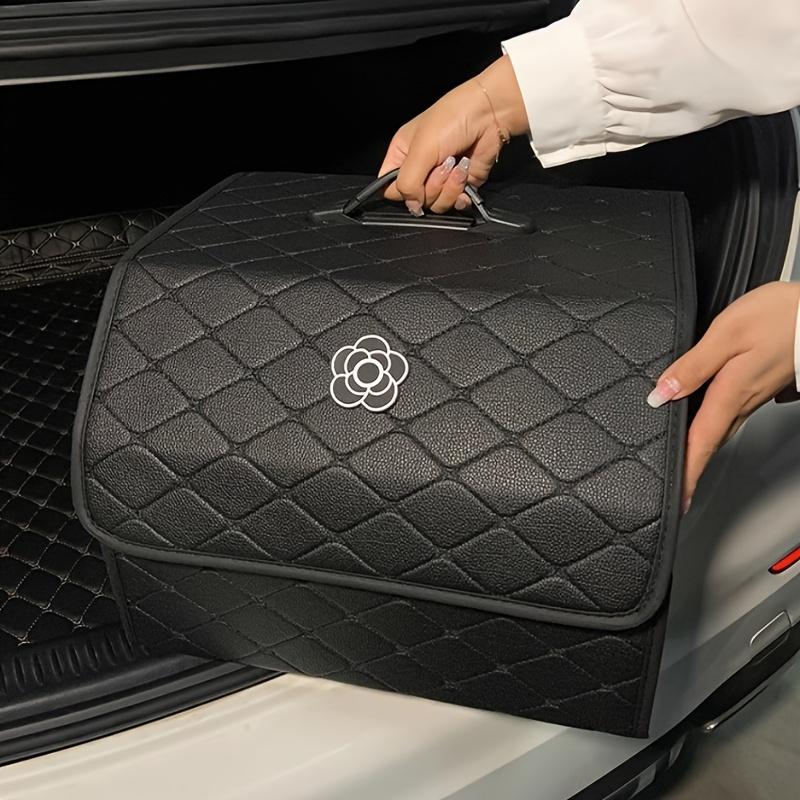 1pc Camellia Fashion Car Trunk Organizer, White Diamond Pattern with Handle and Camellia Logo