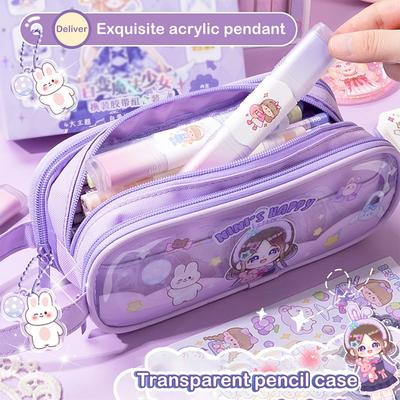 Kawaii Transparent Portable Pencil Case Multi-functional Multi-layer Pencil Box Storage Bag School Office Supplies Stationery