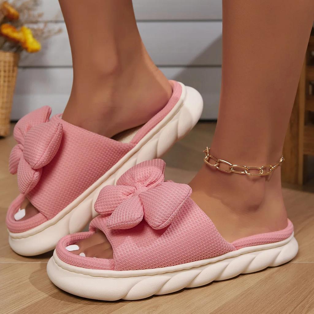 Fashion Cute Bowknot Platform House Slippers for Women Open Toe Linen Home Cotton Shoes Woman Winter Thick Sole Non Slip Indoor Slippers