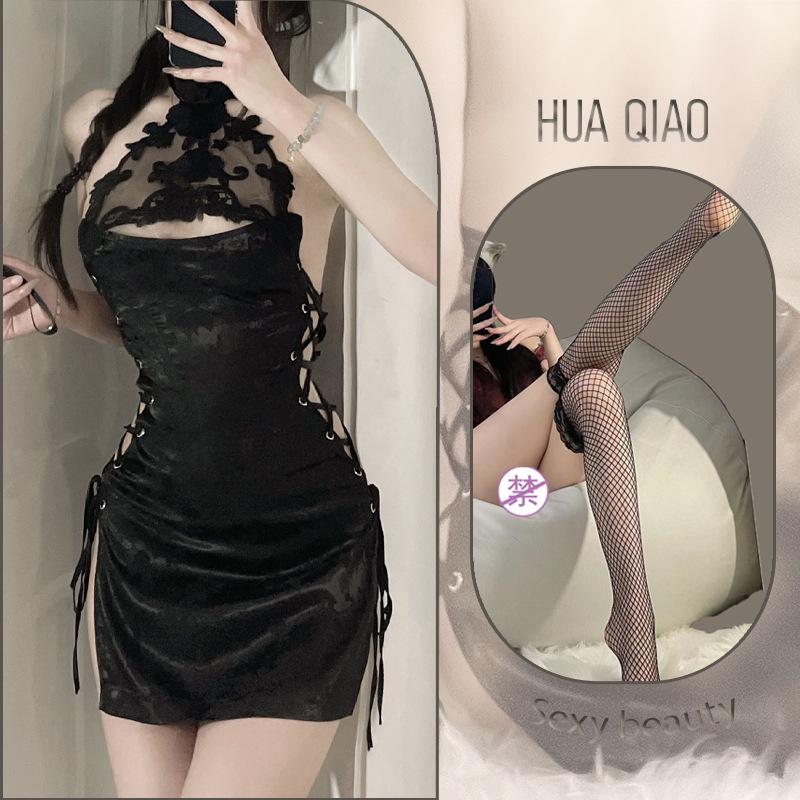 Vintage sex underwear straps cheongsam perspective hollow side split neck sexy temptation free uniform women's suit