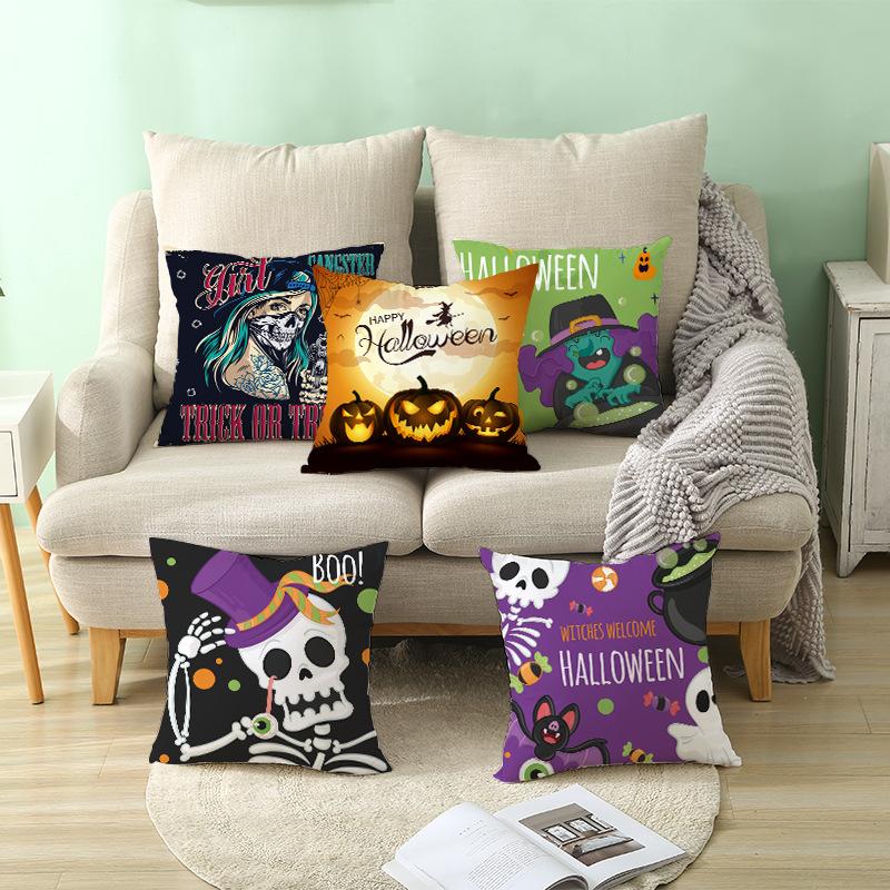Nordic Halloween Pillow Cover Skull Pumpkin Head Print Cushion Cover Peach Skin Sofa Cushion Cover Home