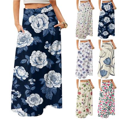 Damen Lässig Freizeit Faltbar Blumenmuster Hohe Taille Mit Tasche Drapierter Entspannter Langer Maxi-Rock