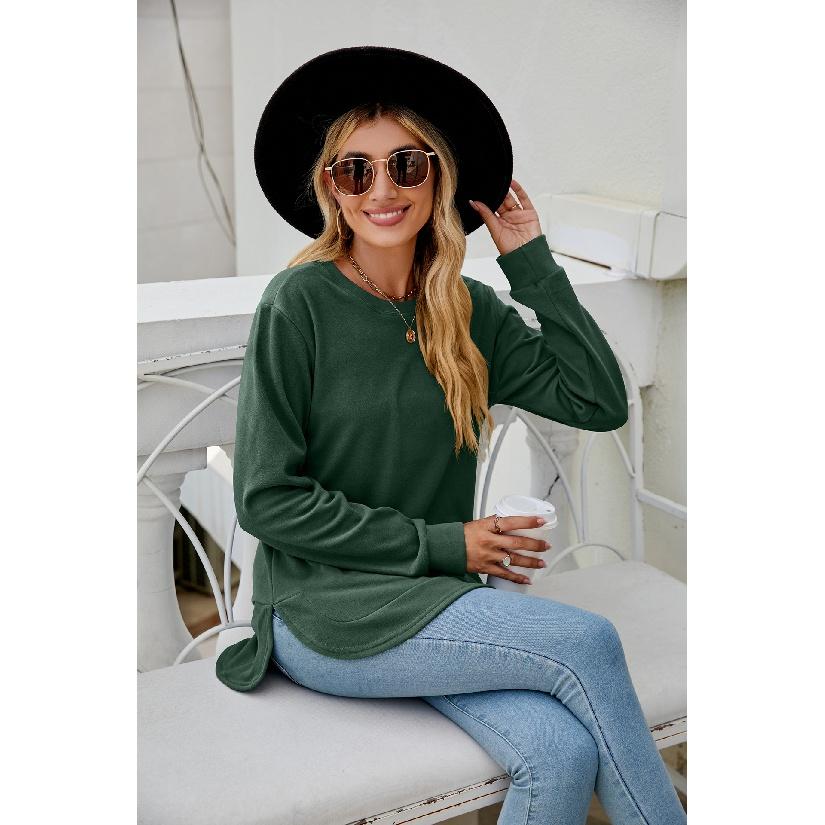 

2024 Европейская и Американская Осень И Зима Новая Круглая Горловина Неровный Подол Длинные Рукава Футболка Свободный Повседневный Топ Для Женщин XXL темно-зеленого