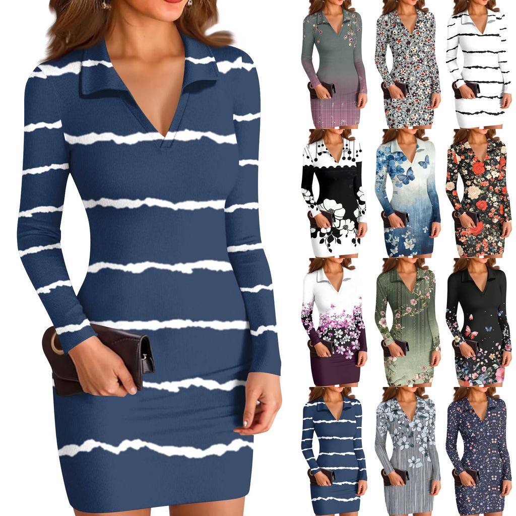 Damen V-Ausschnitt Lässig Print Langarm Figurbetontes Kleid