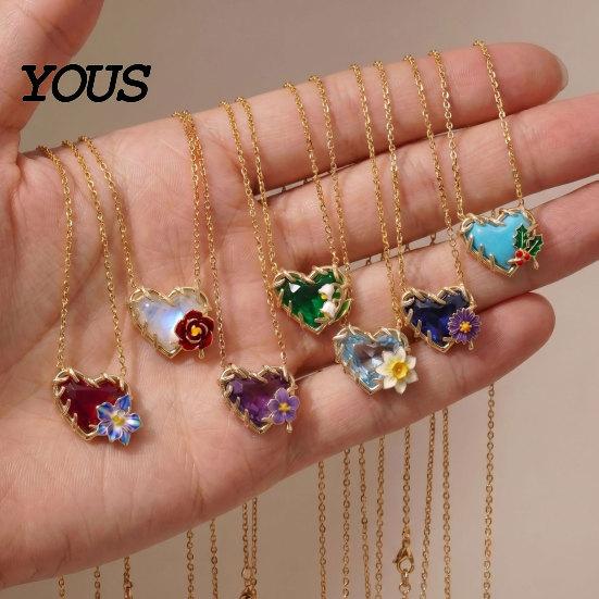 Dainty Pendant Necklace Birthstone Heart Necklace, Birth Stone And Flower Jan To Personalized Jewelry Dec Floral Birthday Gift for Mom Wife