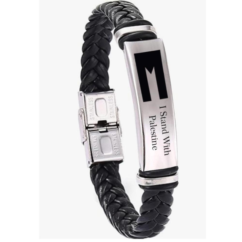 

Men s Stainless Steel Bracelet Palestine Flag Bracelet Stainless Steel Elbow Engraving Colored Leather Elbow Bracelet чёрный