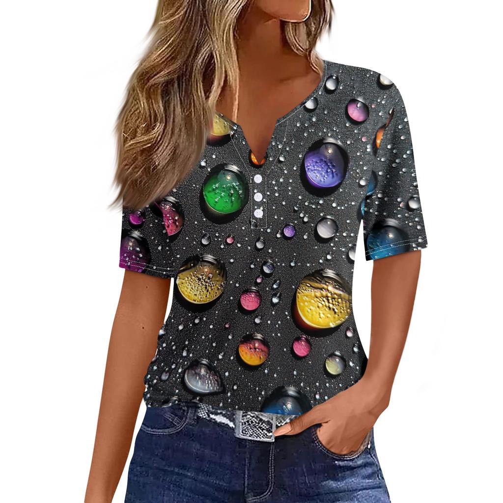 Women's T Shirt Tee Print Button Short Sleeve Daily Weekend Fashion Basic V- Neck Regular Top