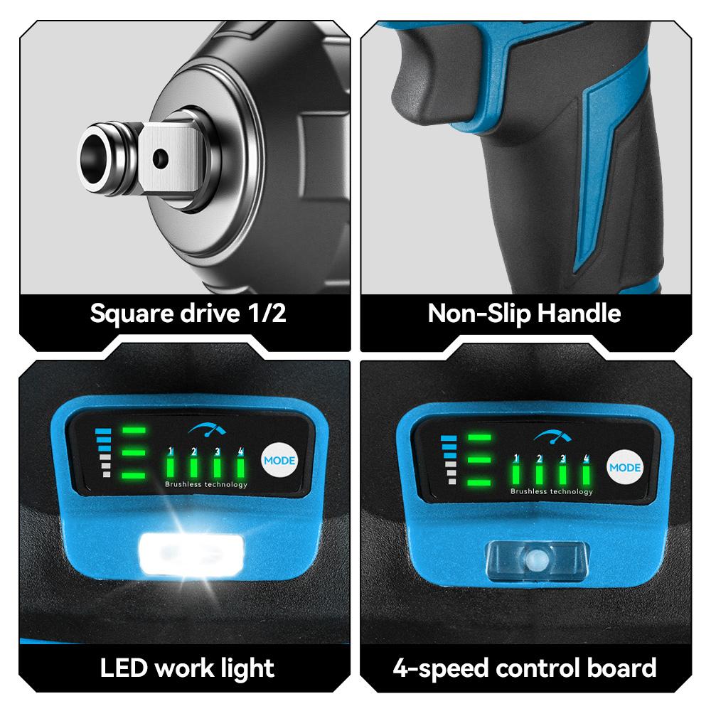 ONEVAN Bezuhlíková elektrická rázová utahovačka 3 funkce 1/2 palce Akumulátorový šroubovák Elektrická vrtačka pro baterii Makita 18V