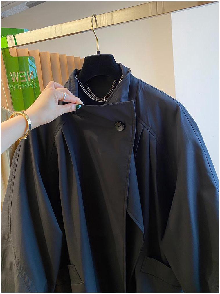 Korean Style High-End Stand-Up Collar Loose Mid-Length Trench Coat for Women