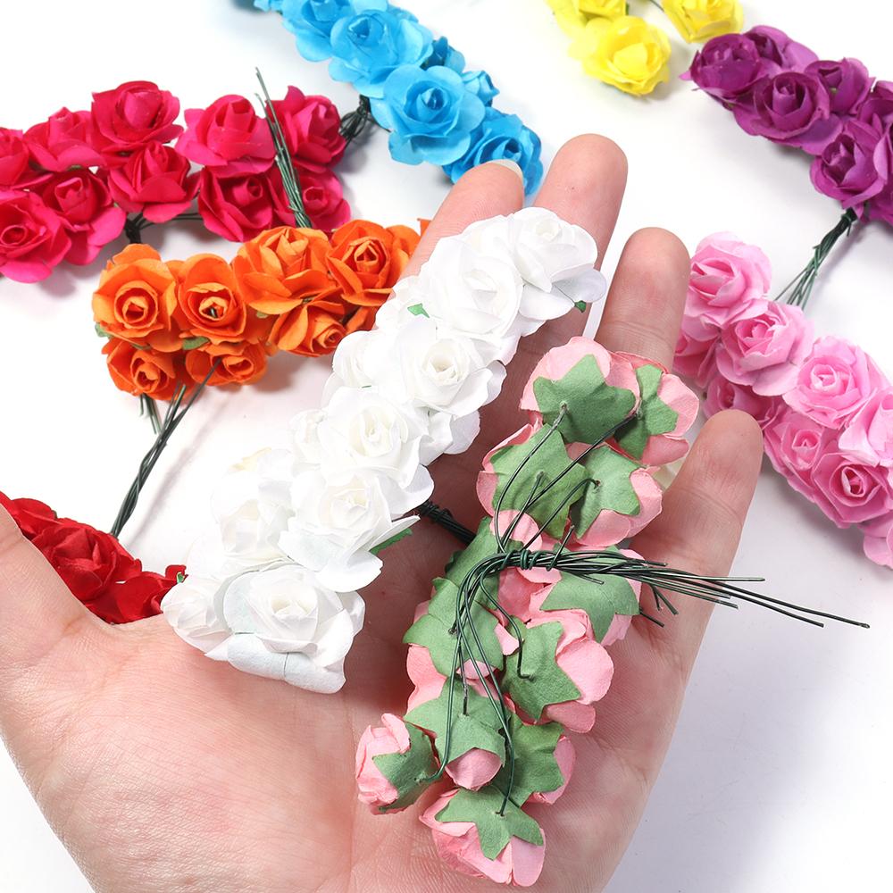 144pcs 2cm Paper Artificial Rose Flower Bouquet Colorful Mini Rose Fake Flowers For DIY Wedding Party Gifts Wreath Decoration
