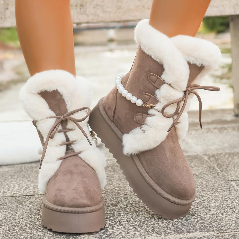 Non Slip Thick Bottom Furry Snow Boots Women 2025 Winter Pearl Bead Fluffy Fur Ankle Boots with Platform Warm Plush Suede Shoes