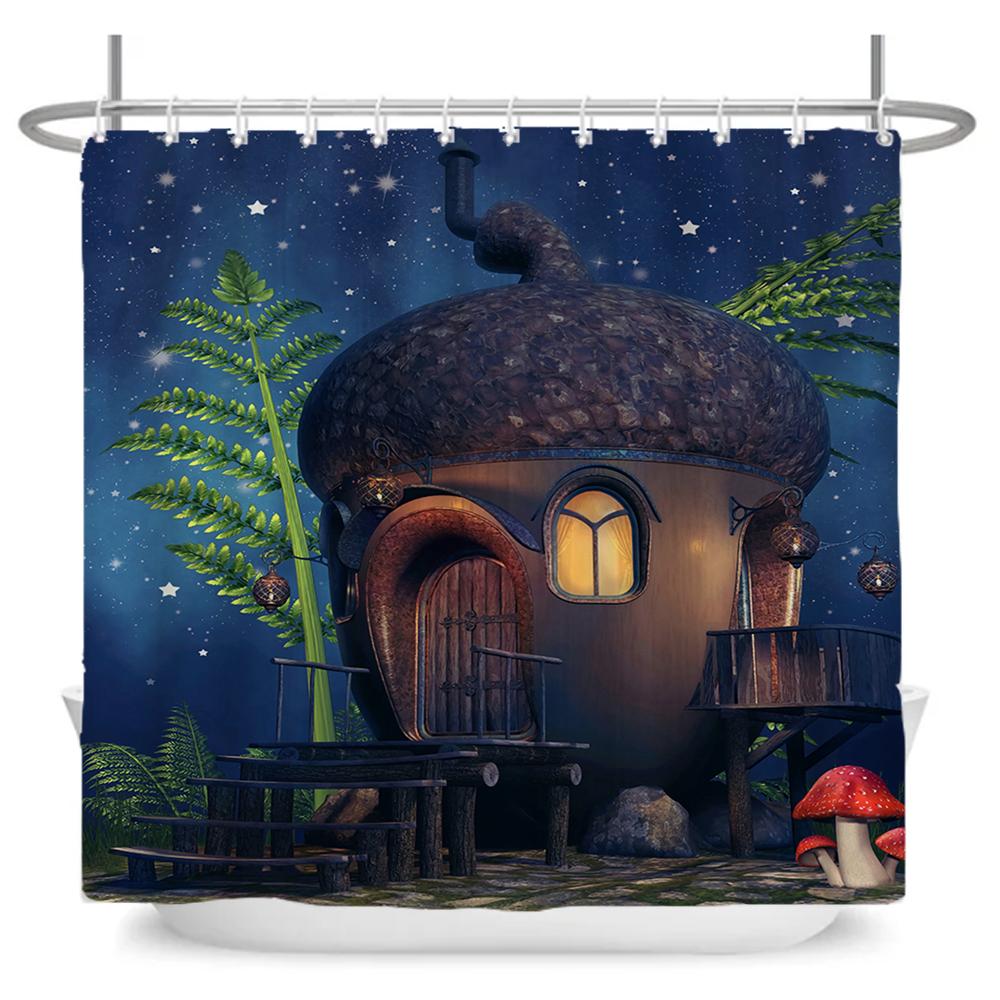 Rural Flowers Scenery Shower Curtain Dreamlike Blooming Flowers Tree Home Bathtub Decor Waterproof Polyester Bathroom Curtains