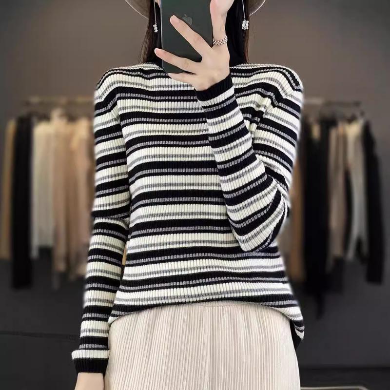 Autumn and winter new women's knitted sweater striped sweater women's semi-turtleneck contrasting bottoming shirt women's batch