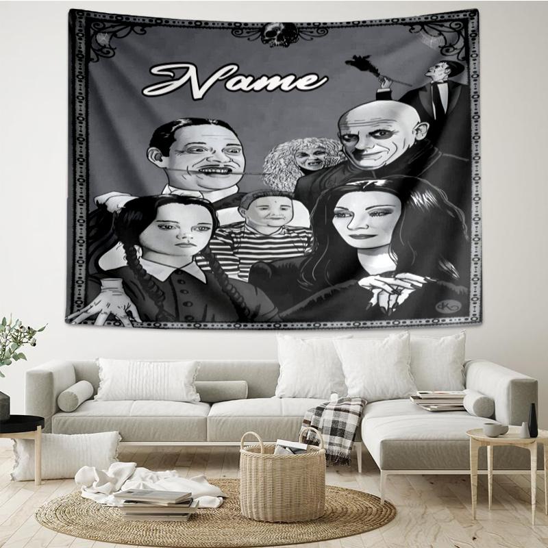 1PC Custom Name Addams Fan family Portrait Tapestry Accessories for Bedroom,Livingroom, dormitory Room Wall Decor, Fan Birthday Gifts