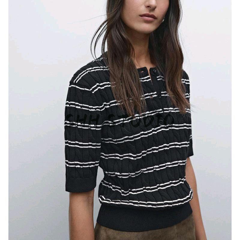 MD Spring New Women's Clothing Intellectual Intelligence Commute Style Stripes Short Sleeve Knitwear Tops 5719678