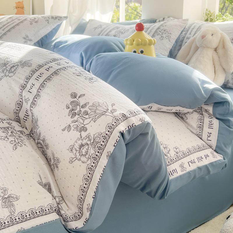 Class A Fresh Four-Piece Set: Washed Cotton Bed Sheet & Duvet Cover with Double Layer Gauze - Home Bedding Collection