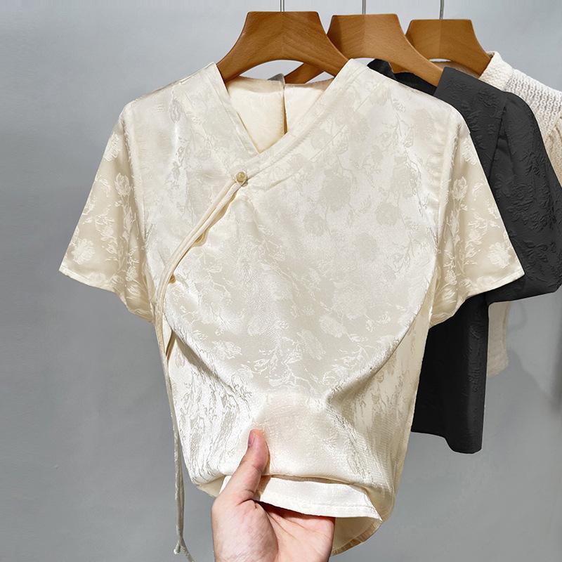 New Chinese V-neck Chiffon Shirt for Women New Women's Thin Satin Short-sleeved Shirt for Old Qian Style National Style Top