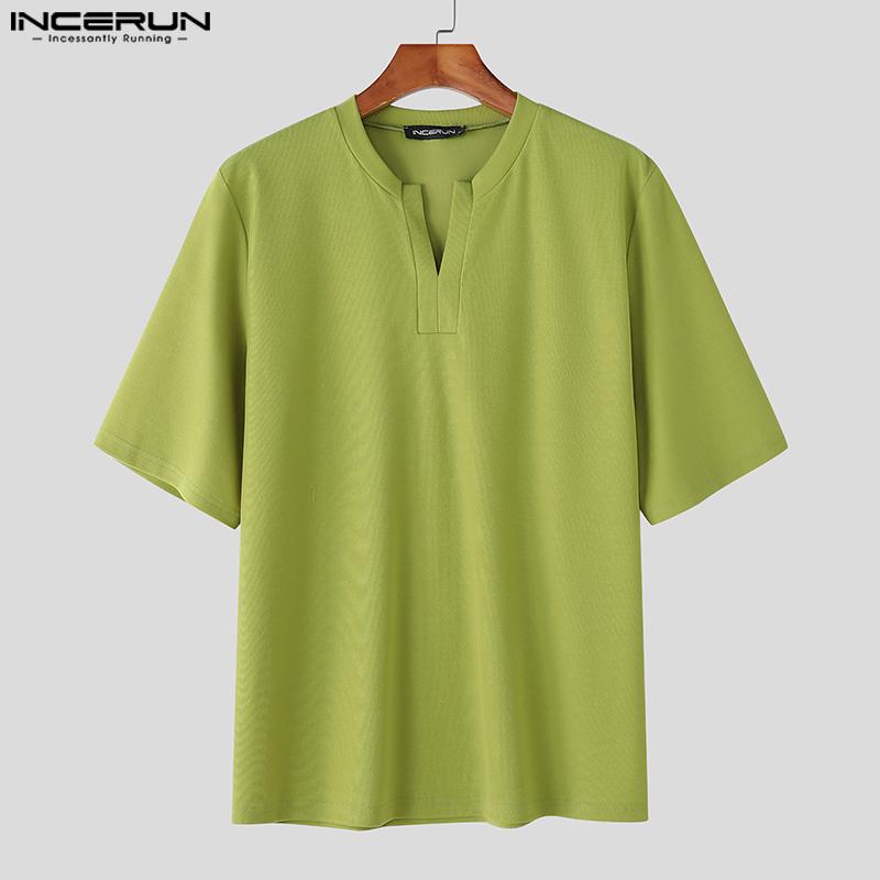 INCERUN Summer Men's V Neck Short Sleeve Texture Casual T-shirts Tops
