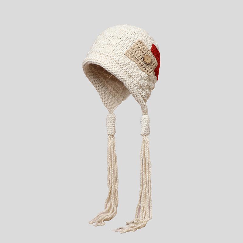 

Autumn and Winter Fashionable Knitted Hat for Women Sweet and Warm Hat with Straps Yarn Pullover Hat One Size бежевый
