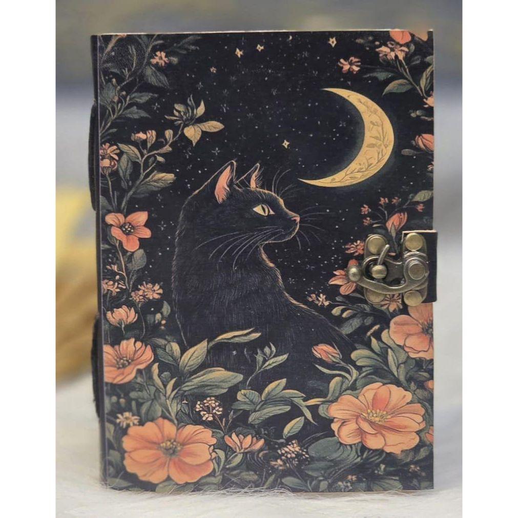 Black Cat Moon Journal | Handmade Vintage Diary with Lock | Witchy Notebook | Grimoire Journal | Book of Shadows | Leather Journal