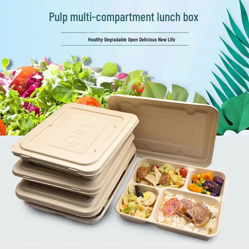 Degradable Sugarcane Pulp 4-Compartment Takeaway Meal Box with Lid