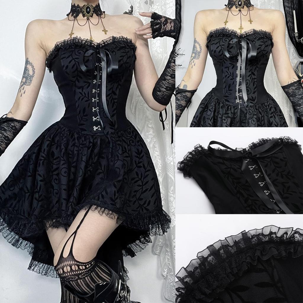 AOTYP Halloween Costume Lace Top and Fishnet A sickly cute dress perfect for and Perfect for parties and Size Women's 3-Piece Set Tights. witches,