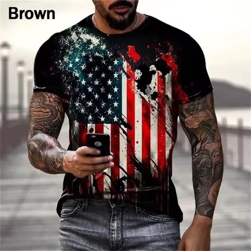 Casual Men's Short Sleeve T-Shirt, US Flag & FREEDOM Print, Streetwear Style.