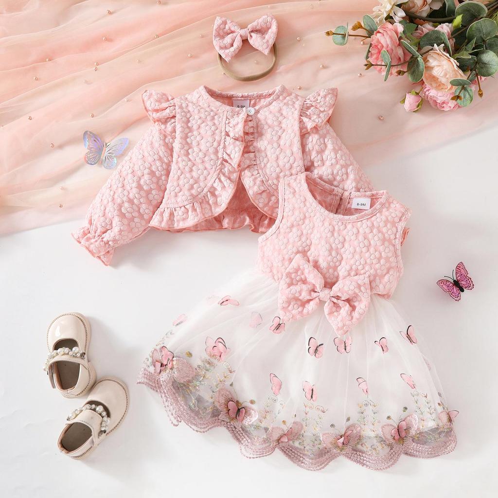 Słodki kombinezon z siateczki dla małej dziewczynki: Kurtka z długim rękawem, Sukienka kamizelka z motylem i Opaska do włosów na Jesień/Zimę.
