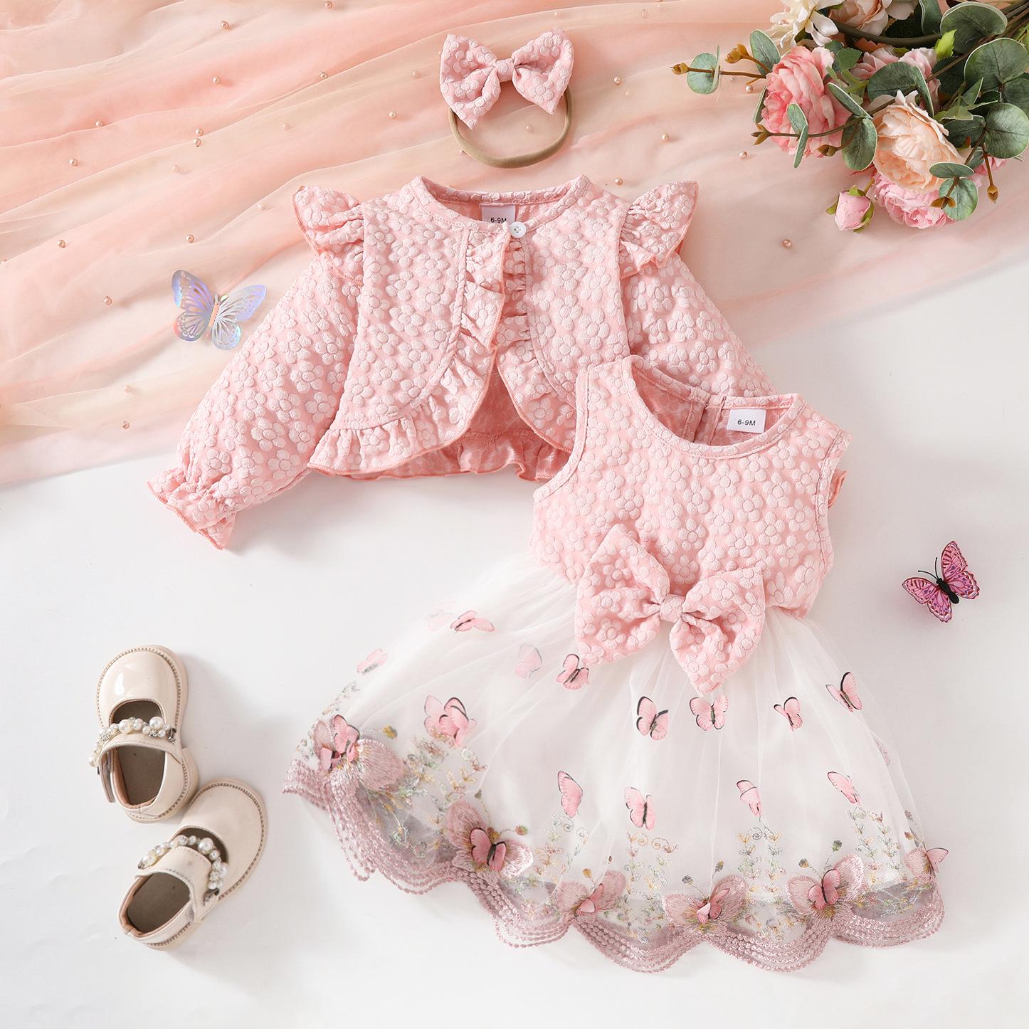 

Милый сетчатый костюм для девочки-малыша: Куртка с длинными рукавами, платье-жилет с бабочками и повязка на голову на осень/зиму. 3 Years роза розовый