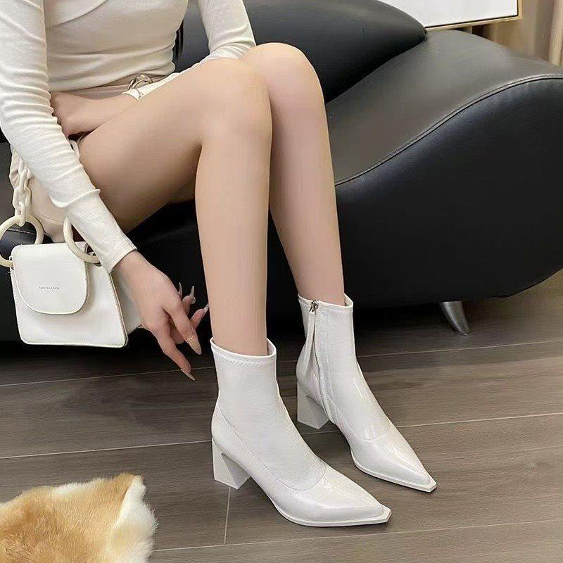 Skinny Patent Leather Boots Children Pointed New Autumn and Winter Elastic Boots Fleece Thick Heel Side Zipper High Heel Short Boots Martin Boots