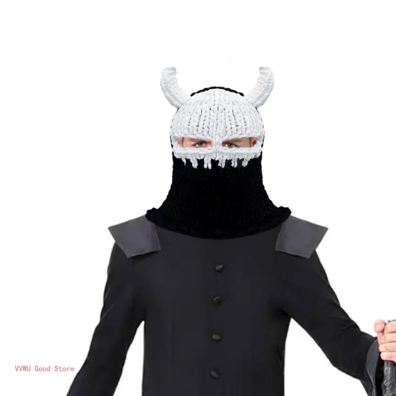 Halloween Facecover Horned Hat for Adult Unisex Theme Party Costume Horn Hat Novelty Skull Hat Winter Warm Windproof Caps