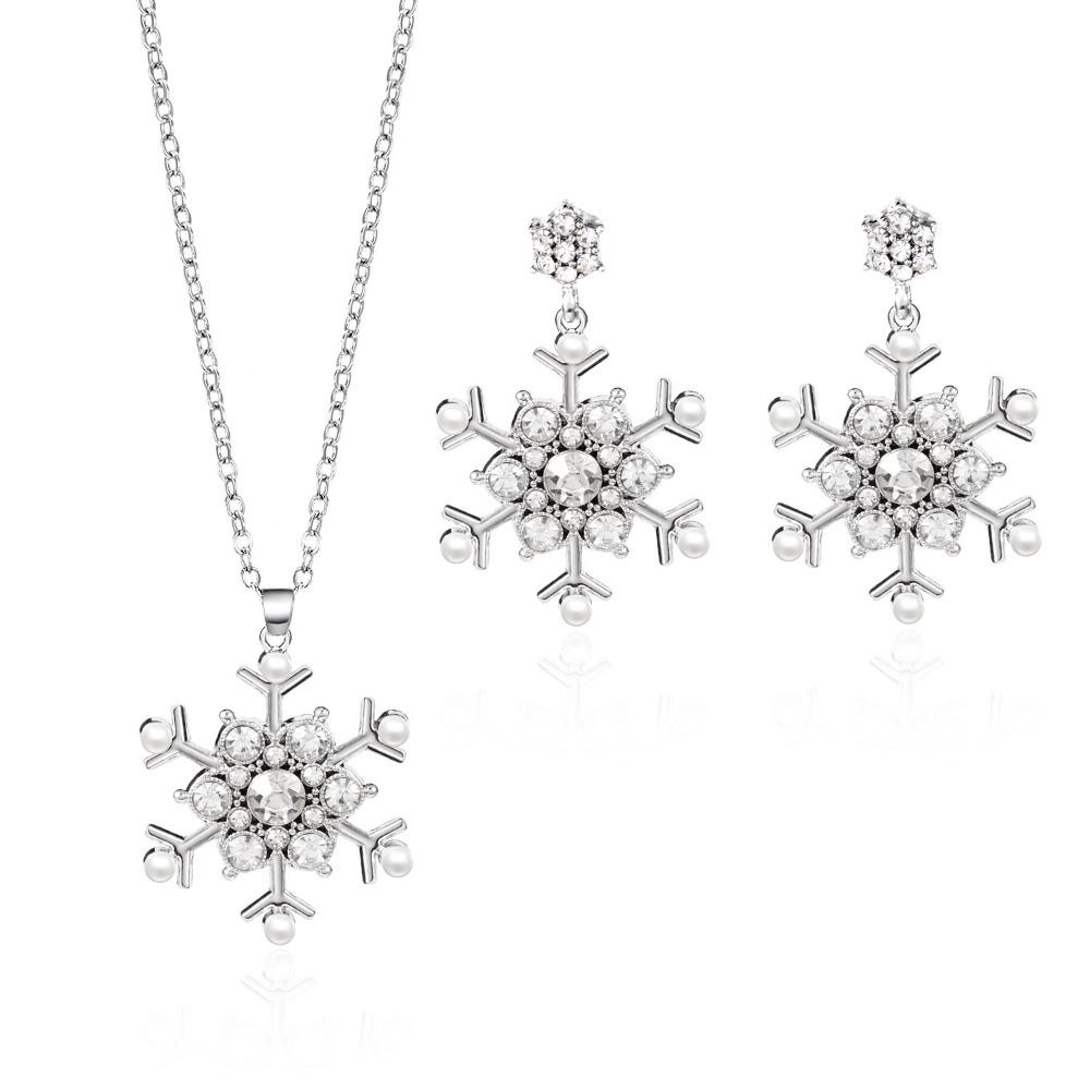 Zinc Zinc Zinc Alloy Xmas Dangle Earrings Rhinestone Snowflake Necklace Christmas Jewelry Set  Gift