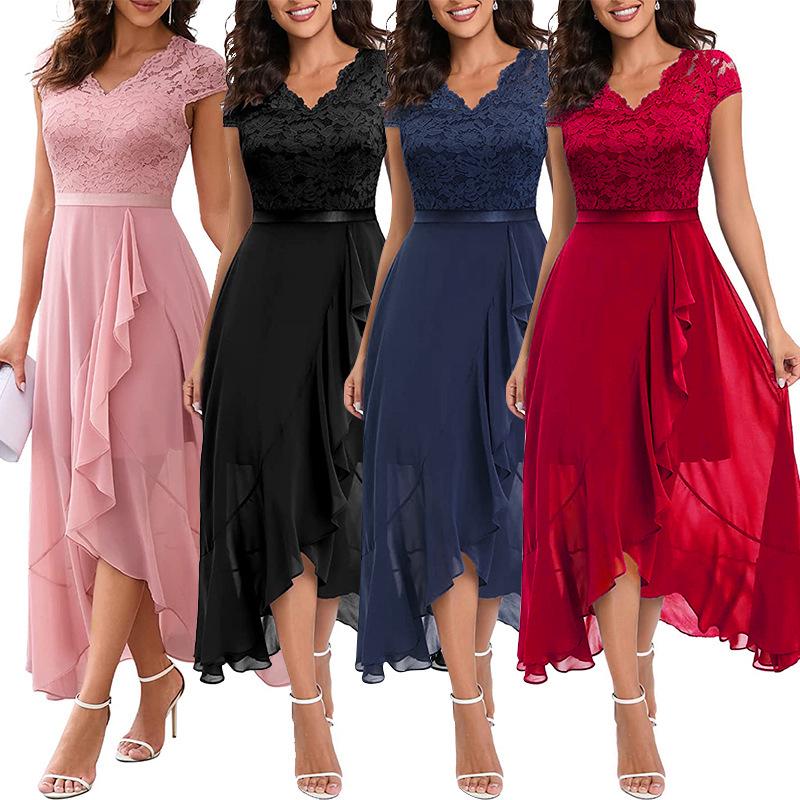 

V-Neck Sleeveless Lace Mesh Party Dress M червоний