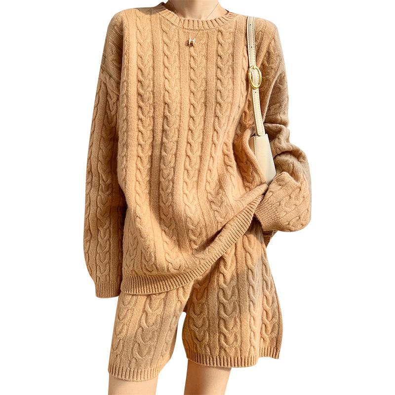 2022 Fall/Winter Women's 100% Wool Casual Knit Sweater & Cashmere Sweatshirt Set