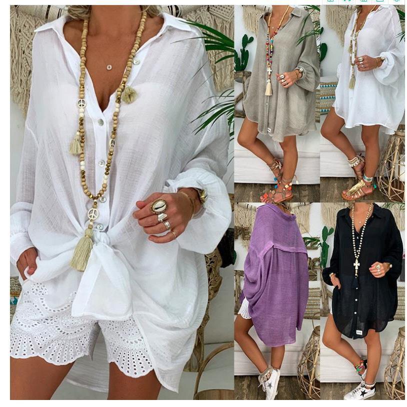Women's Loose Solid Color Shirt Single-breasted Casual Lapel Shirt for Party