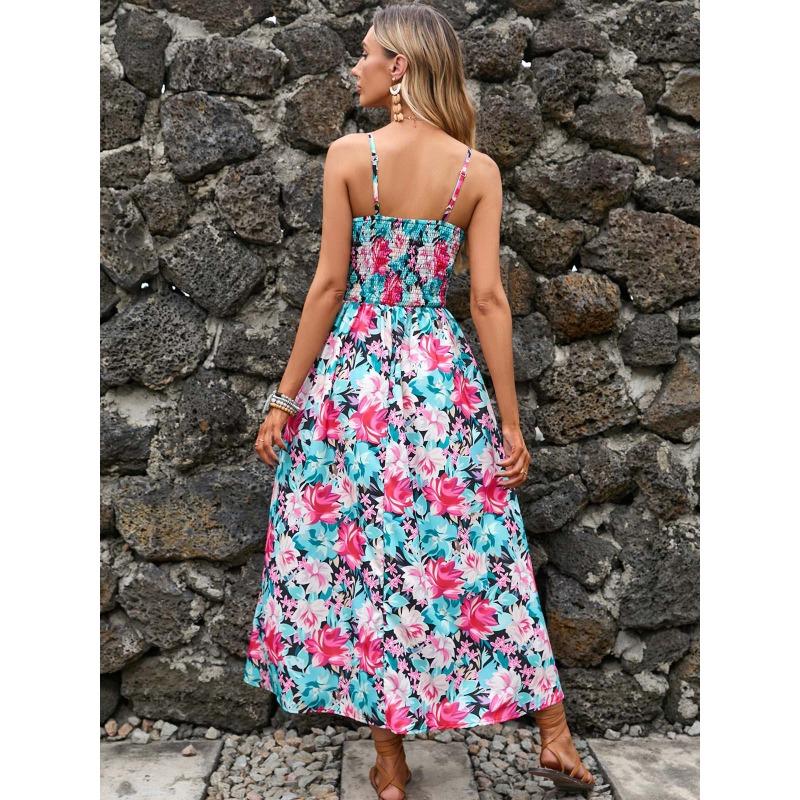 Summer Floral Printing Suspender V-neck Dress Women Elegant Loose Slim Waist Holiday A-line Party Dresses Sleeveless Fashion Casual Women's Clothing