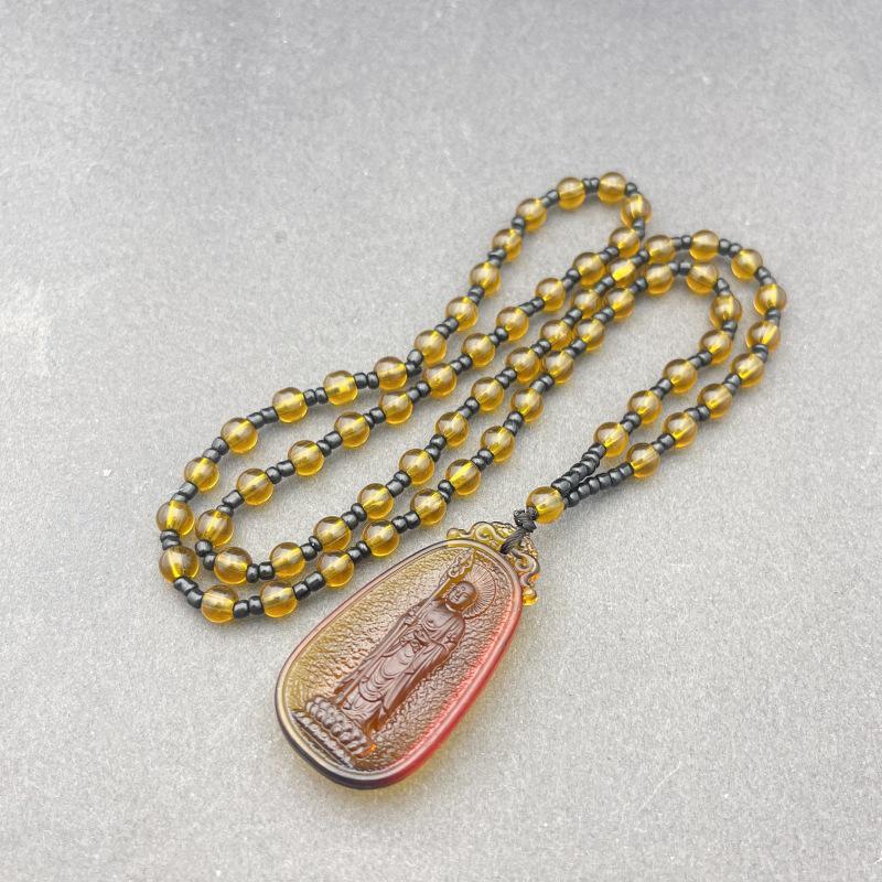 Lace Jizo Bodhisattva Birth Year Guardian Pendant Necklace for Men & Women, Yellow Water Zodiac Design.