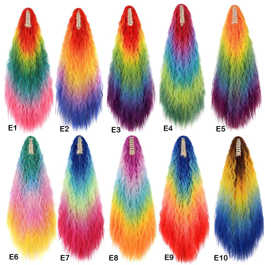 Ponytails Rainbow Ombre Gradient Color Long Curly Ponytail Hair Extension with Claw Instant Styling Hairpiece for Women