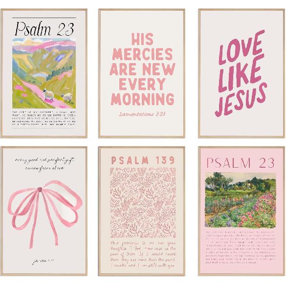 6Pcs Christian Wall Art Pink Bible Verse Canvas Bow Paintings Cute Preppy Posters Coquette Aesthetic Prints Trendy Scripture Jesus Picture Wall Decor