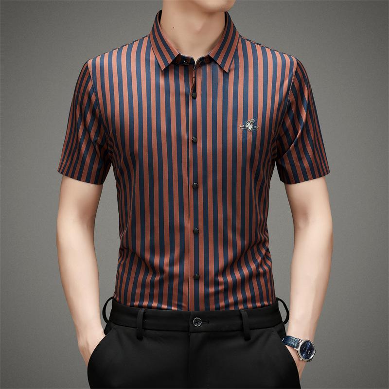 High Quality Trendy Men's Striped Lapel Short Sleeve Fashion Business Slim Bottoming Shirt