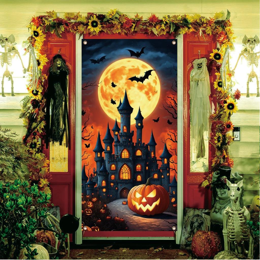 1 Piece Halloween Door Banner Decoration Full Month Pumpkin Lantern Bat Castle Background