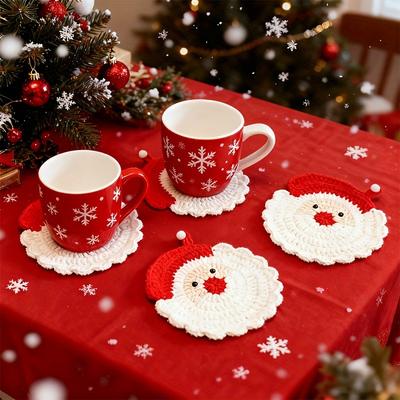 1Pieces Handmade Crochet Santa Claus Coaster - Festive Red & White Christmas Decor, Drink Coaster Outdoor Tableware
