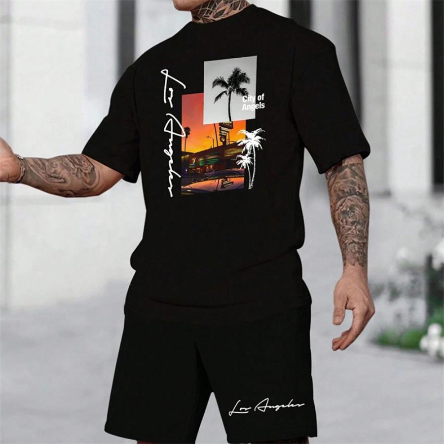 2025 Summer New Men's Short Sleeve Palm Tree Print Two Piece Drawstring Shorts Set Fashion Men's Vacation Beach Casual Suit